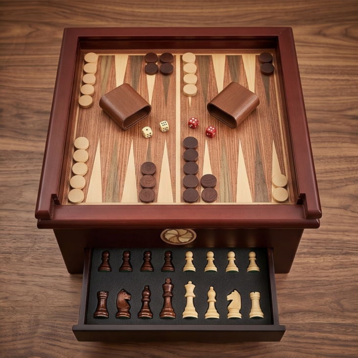 2-in-1 wooden chess and backgammon set with Storage Drawer