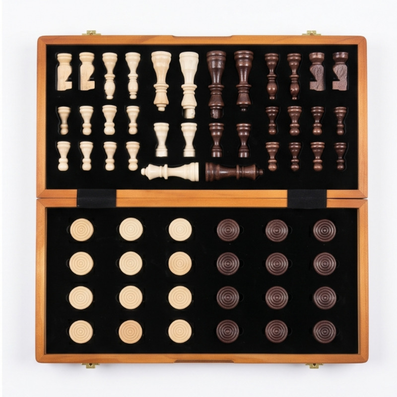 Handcrafted Folding Wooden Chess Set with Storage – 15 Inch Walnut and Maple Board