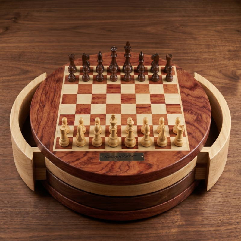 Premium Round Wooden Chess Set with Rotating Drawers