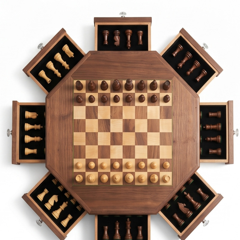 Octagonal wooden chess set